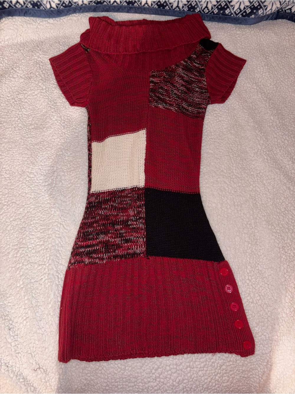 Red Patchwork Knit Midi Dress with Short Sleeves Y2K